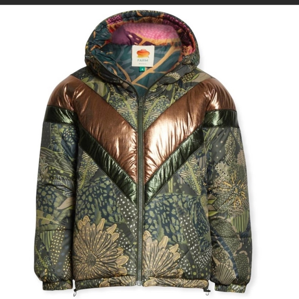 NEW NWT Farm rio green cool leopard reversible puffer jacket Small - Picture 3 of 9